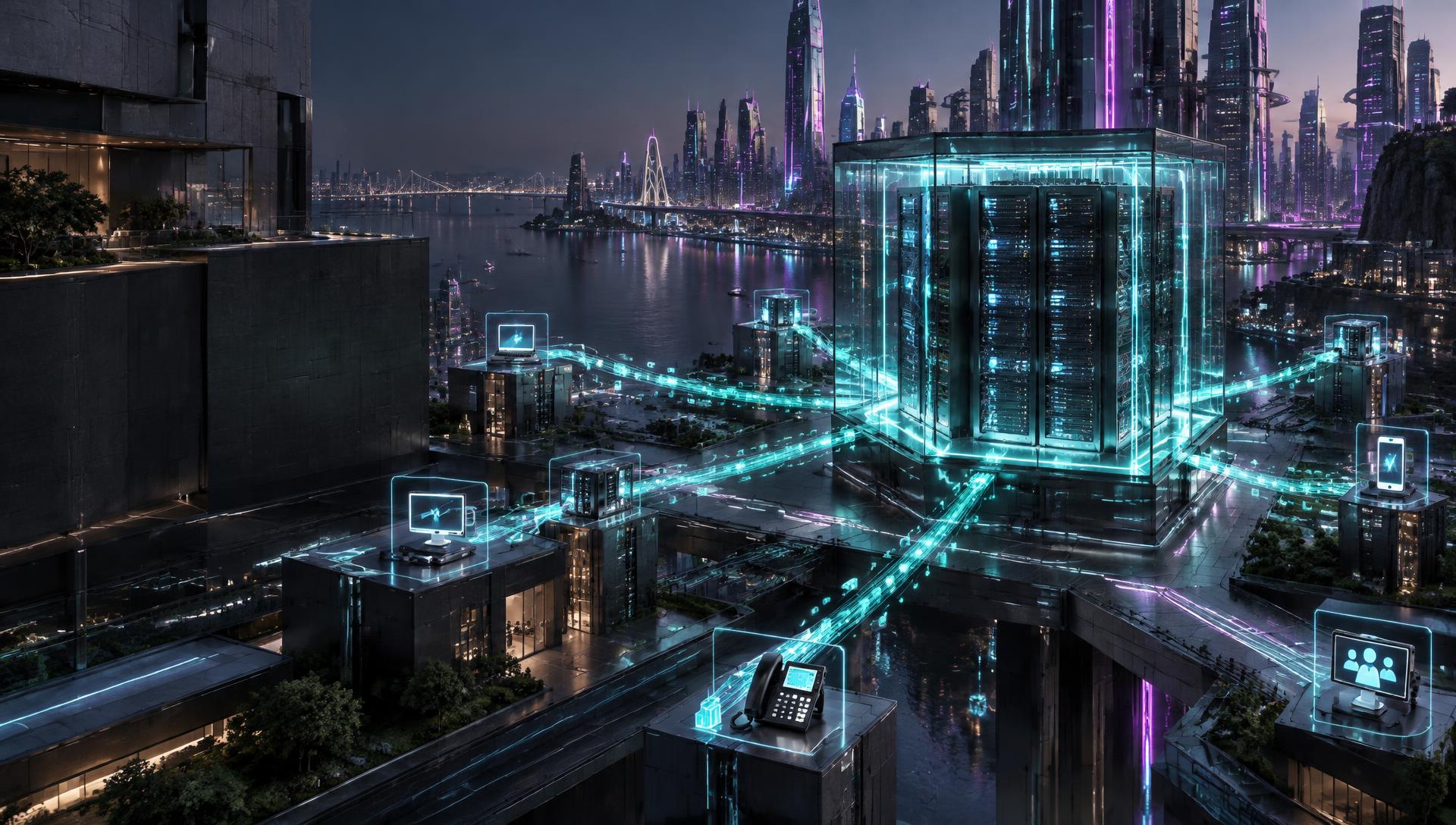 Cyberpunk server hub linked to voice and video endpoints by luminous network signal paths